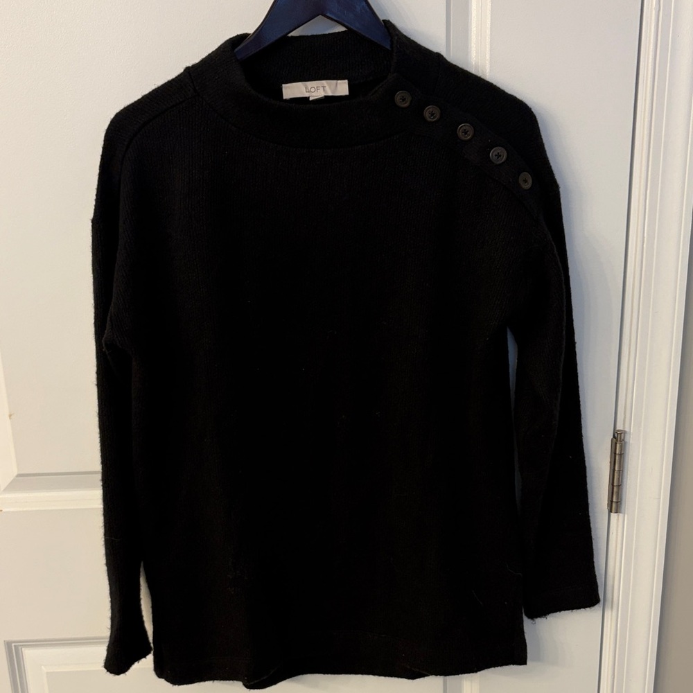 LOFT Black Crewneck Sweater with Shoulder Buttons